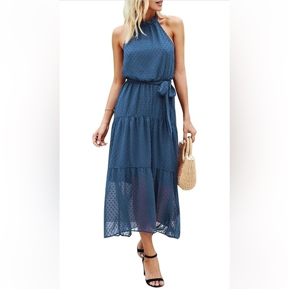 NWT Pretty Garden Elegant Blue Halter Maxi Dress Size Large - Picture 1 of 10
